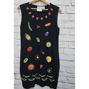 Michael Simon Lite Womens Dress Size Petite Medium‎ Black  Embroidered Fruit Veg